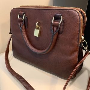 Brown leather tote, gold lock, shoulder strap